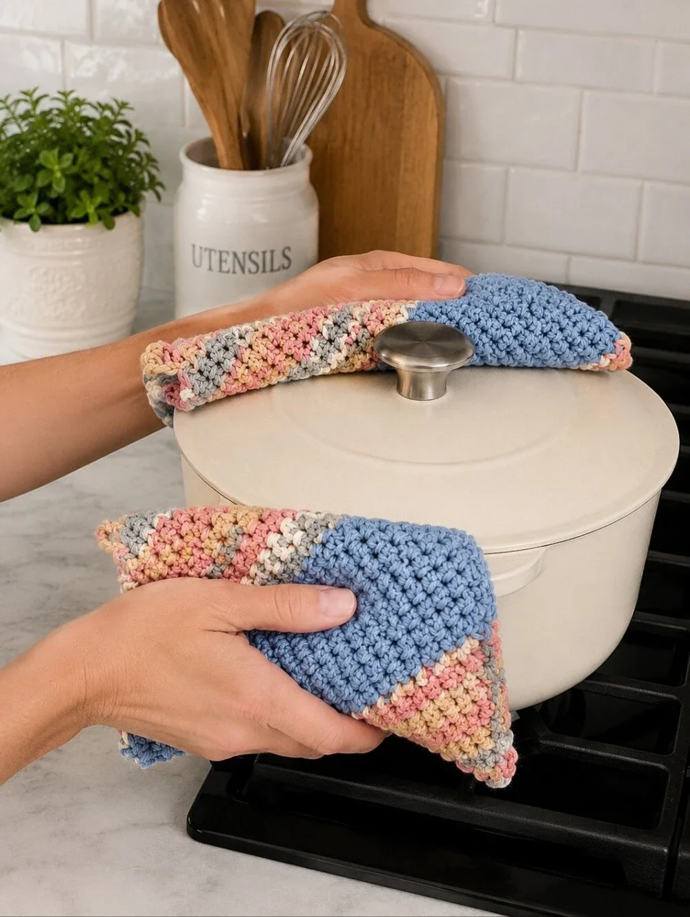 Crochet Potholder Set: Antique Blue With Rosy Cheeks Contrast Stripe